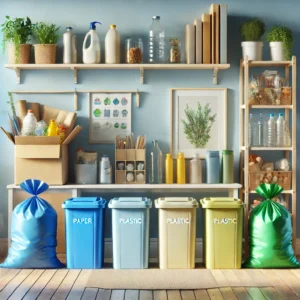 dall·e-2024-11-22-12.55.00-a-realistic-illustration-of-a-home-recycling-setup-with-color-coded-garbage-bins-and-bags-including-blue-for-paper-yellow-for-plastic-and-green-for