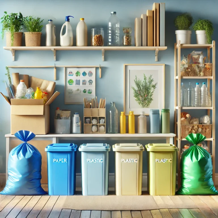dall·e-2024-11-22-12.55.00-a-realistic-illustration-of-a-home-recycling-setup-with-color-coded-garbage-bins-and-bags-including-blue-for-paper-yellow-for-plastic-and-green-for